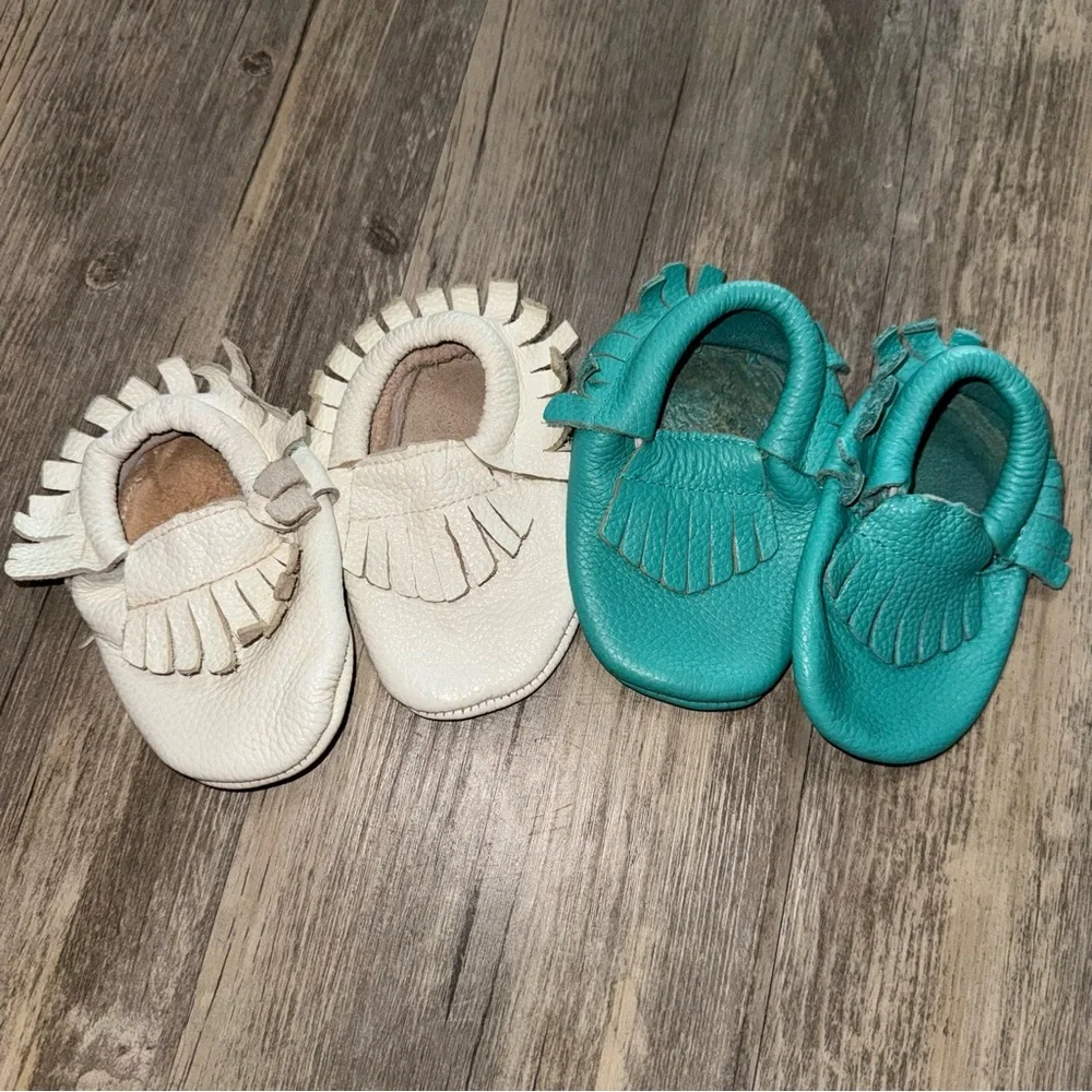 Chic Cream and Teal Kids Moccasins